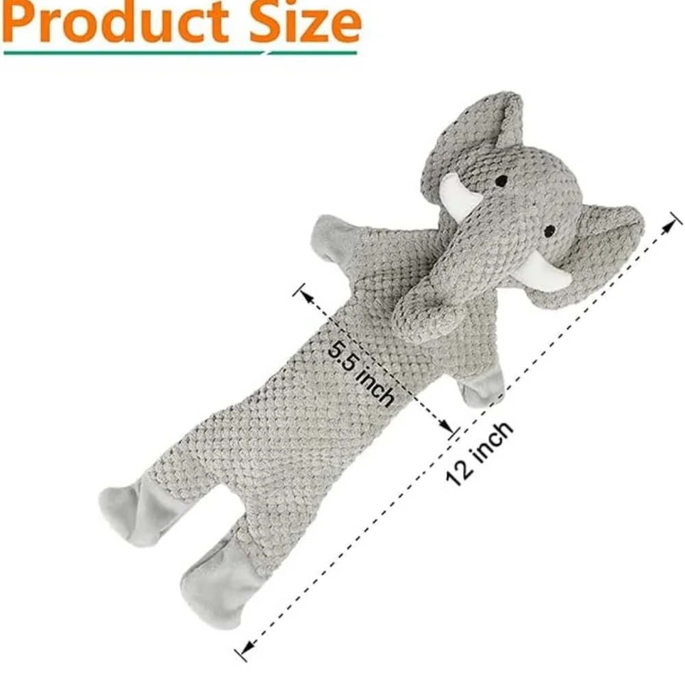 Gray Plush Elephant Squeaky Dog Toy Crinkle Paper Unstuffed Flat Pet Toy 12in